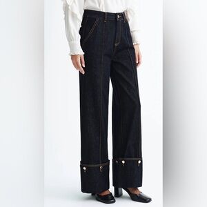 New Commense Mid-Waist Denim Cuffed Jeans Women's Wide-Leg Jeans small